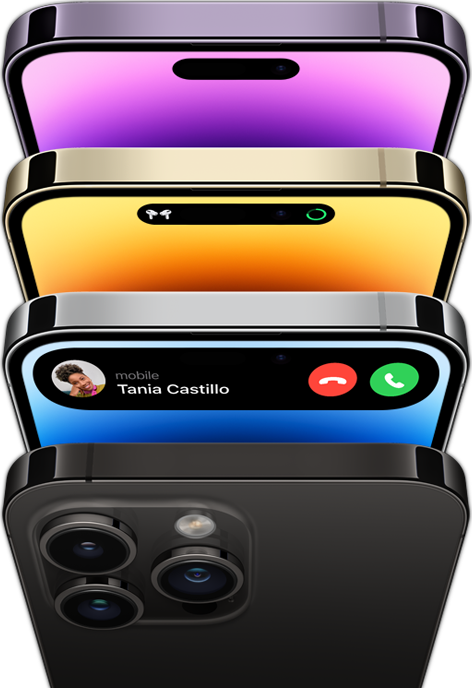 iPhone 14 Pro in four different colors — Space Black, Blue, Gold, and Deep Purple. One model shows the back of the phone and the other three show the front view of the display.